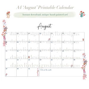 Aesthetic A4 Digital Download PDF Easy Unique August Calendar Floral Cottage Core 2025 Printable