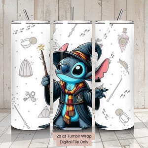May include: A 20 oz tumbler wrap featuring a blue Stitch character dressed as a wizard with a yellow and red scarf. The background is white with a gray pattern of footprints, keys, and other wizarding objects.