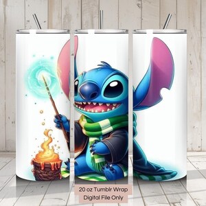 May include: A 20 ounce tumbler wrap featuring a blue Stitch character wearing a green and black robe and holding a magic wand. The background is white with a blue and green swirl.