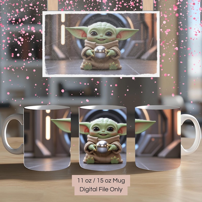K&ouml;nnte beinhalten: Eine wei&szlig;e Keramiktasse mit einer gr&uuml;nen Figur, die eine silberne Kugel h&auml;lt. Die Figur ist aus der Star Wars-Serie. Die Tasse ist 11 oz oder 15 oz. Nur digitales File.