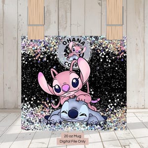 May include: A 20 ounce white mug with a black background and a glitter design. The design features Stitch and Angel from the Disney movie Lilo & Stitch. The text "Ohana Coffee" is in a circle around Stitch and Angel.