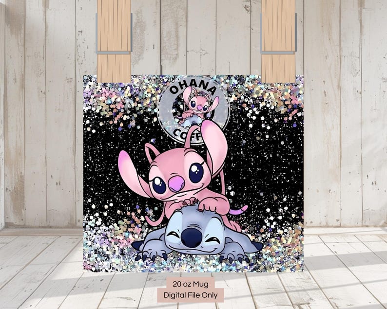 May include: A 20 ounce white mug with a black background and a glitter design. The design features Stitch and Angel from the Disney movie Lilo & Stitch. The text "Ohana Coffee" is in a circle around Stitch and Angel.
