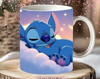 3D sleeping Stitch mug design, stitch mug wrap sublimation Design Png, 11oz and 15oz Stitch coffee Mug, cute Stitch Mug, Digital Files