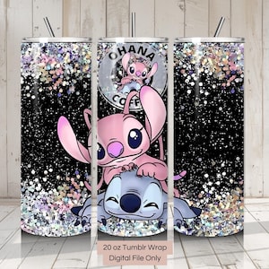 May include: A 20 ounce tumbler wrap featuring a pink and blue Stitch and Angel design with glitter and the text "Ohana Coffee".