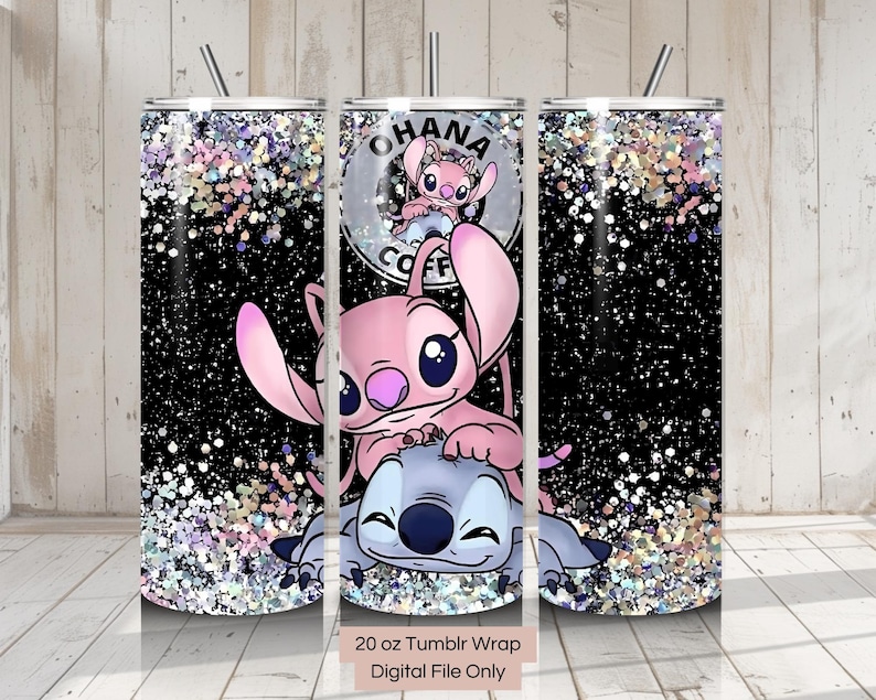 May include: A 20 ounce tumbler wrap featuring a pink and blue Stitch and Angel design with glitter and the text "Ohana Coffee".