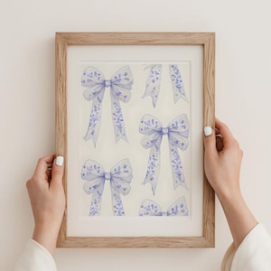 Chinoiserie Blue White Bows Wall Art Wall Art Print Coquette Room Decor Blue Toile Tied Bow Art Blue Preppy Girl Poster Preppy Bow Vintage