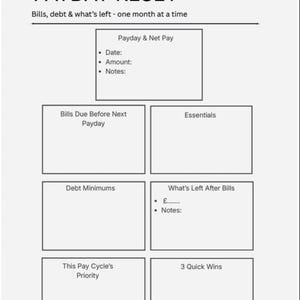 May include: A white planner page with the text "PAYDAY RESET" at the top. Below, it says "Bills, debt & what's left - one month at a time." The page is divided into sections for financial planning, including "Payday & Net Pay" and "3 Quick Wins."