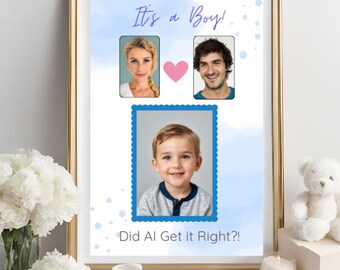 Può includere: Un poster di rivelazione del sesso con sfondo blu e pois bianchi. Il poster dice "È un maschio!" e presenta una foto di una coppia e un bambino. Il testo in basso dice "AI ha indovinato bene?!"