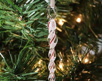 Glass Icicle Ornament Christmas Ruby Red White Handmade Artisan