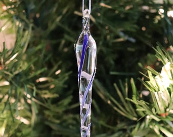 Glass Icicle Ornament Cobalt Blue White Christmas Handmade Artisan
