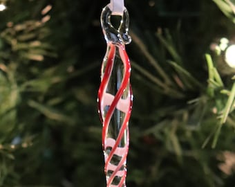 Glass Icicle Ornament Christmas Ruby White Handmade Artisan