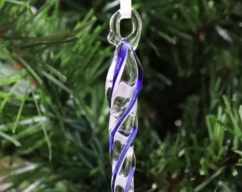 Glass Icicle Ornament Cobalt Blue White Christmas Handmade Artisan