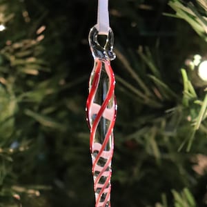 Glass Icicle Ornament Christmas Ruby White Handmade Artisan