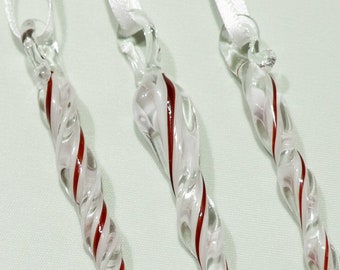 Glass Icicle Ornament Christmas Ruby Red White Handmade Artisan