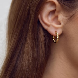 Gold Croissant Hoop Earrings, Sterling Silver Twisted Huggies