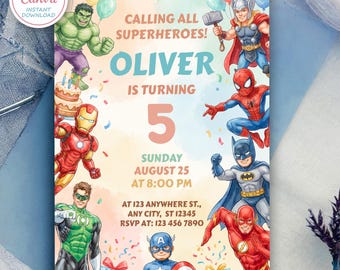 Invito di compleanno modificabile a tema supereroi, tema Avengers (modello Canva, download digitale)