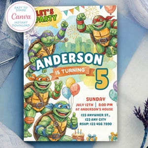 May include: A colorful birthday party invitation featuring the Teenage Mutant Ninja Turtles. The invitation includes the text "Anderson is turning 5" and event details. The design has a watercolor effect with balloons and fireworks.