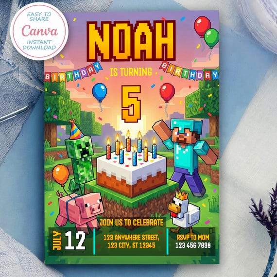 Minecraft Birthday Invitation Template, Editable Gamer Party Invite, Pixel Block Game Theme, Printable Kids Birthday Card, Instant Download
