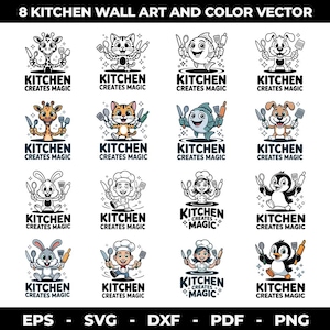Kitchen Wall Art Printable Set of 8 | Modern Kitchen Decor Digital Download | Minimalist Cooking Kitchen Prints | Kitchen Vector Art Bundle