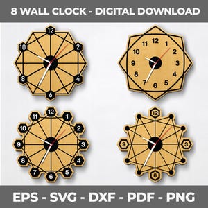 Modern Geometric Wall Clock Laser Cut Files | 8 Unique SVG | DXF Designs for CNC | Digital Wall Art Vector Bundle | Instant Download