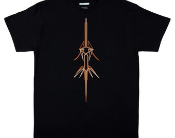 Black 100% cotton t-shirt with orange and cream pinstriping design
