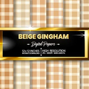 Beige Gingham Digital Paper Pack, Neutral Plaid Background, Rustic Checkered Scrapbook Paper, Seamless Gingham Pattern JPG, Instant Download