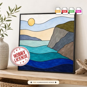 May include: A square digital art print featuring a stained glass style landscape with a yellow sun, light blue sky, beige hills, and a multi-toned blue ocean next to gray and brown cliffs. The image includes file format icons and a red hobby license seal.
