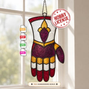 May include: A stained glass gauntlet suncatcher featuring white, gold, and deep red textured glass panels with dark lead cames. The design includes a circular Hobby License stamp, file format icons for SVG, PDF, JPG, and PNG, and a Free Hummingbird Bonus label.