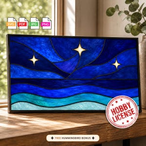 May include: A rectangular stained glass panel featuring a night sky with three white four-pointed stars above wavy bands of dark blue, medium blue, and light turquoise water. The panel is framed in black and includes digital file icons for SVG, PDF, JPG, and PNG.