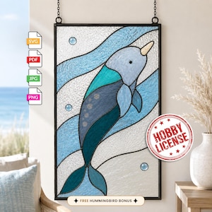 May include: A rectangular stained glass panel featuring a narwhal in shades of blue and teal swimming through wavy light blue water. The design includes small circular bubbles and a yellow horn. Text icons for SVG, PDF, JPG, and PNG are visible.