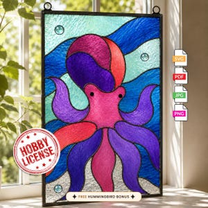 May include: A rectangular stained glass panel featuring a vibrant octopus with purple, pink, and red tentacles against a blue and teal wavy background. The panel includes text labels for SVG, PDF, JPG, PNG, a Hobby License stamp, and a Hummingbird bonus.