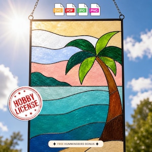 May include: A rectangular stained glass panel featuring a tropical beach scene with a palm tree, ocean waves, and a sunset sky. The design includes a brown trunk, green fronds, and blue water. A red circular stamp reads HOBBY LICENSE.