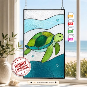 May include: A rectangular stained glass panel featuring a green sea turtle swimming through light and dark blue water with bubbles. The design includes a red circular stamp labeled HOBBY LICENSE and text indicating SVG, PDF, JPG, and PNG file formats.