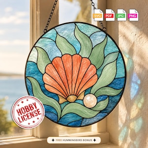 May include: A circular stained glass suncatcher featuring a central orange seashell and a white pearl surrounded by light green seaweed and blue water textures. The piece hangs from a black metal chain and includes SVG, PDF, JPG, and PNG file icons.