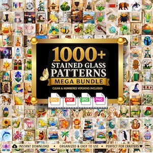 May include: A digital collection of 1000+ stained glass patterns in a mega bundle. The central black rectangular graphic features gold text reading 1000+ STAINED GLASS PATTERNS MEGA BUNDLE, with icons for SVG, PDF, JPG, and PNG file formats below.