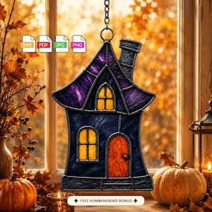 May include: A stained glass hanging ornament shaped like a house with a purple roof, dark blue walls, and orange windows and door. The piece features a chimney and a metal hanging loop. Text icons for SVG, PDF, JPG, and PNG are visible.