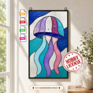 May include: A rectangular stained glass panel featuring a jellyfish design with purple, blue, and pink segments. The artwork includes icons for SVG, PDF, JPG, and PNG file formats, a red circular Hobby License stamp, and a text label for a free hummingbird bonus.