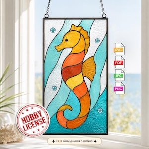 May include: A rectangular stained glass panel featuring a central orange and yellow seahorse design against a background of wavy light blue and white glass. The panel includes a black metal frame and is suspended by a chain. Text includes SVG, PDF, JPG, PNG, and HOBBY LICENSE.
