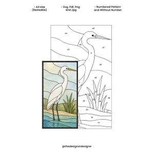 May include: A digital pattern for a stained glass project featuring a white heron standing in water with reeds. The image includes a colored version and a numbered black and white line drawing. Text includes A4 size, Svg, Pdf, Png and Jpg.
