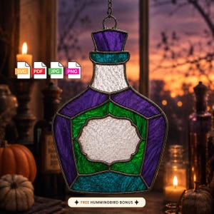 Magic Potion Bottle Stained Glass Pattern SVG PDF PNG | Halloween Suncatcher Template | Hummingbird Bonus