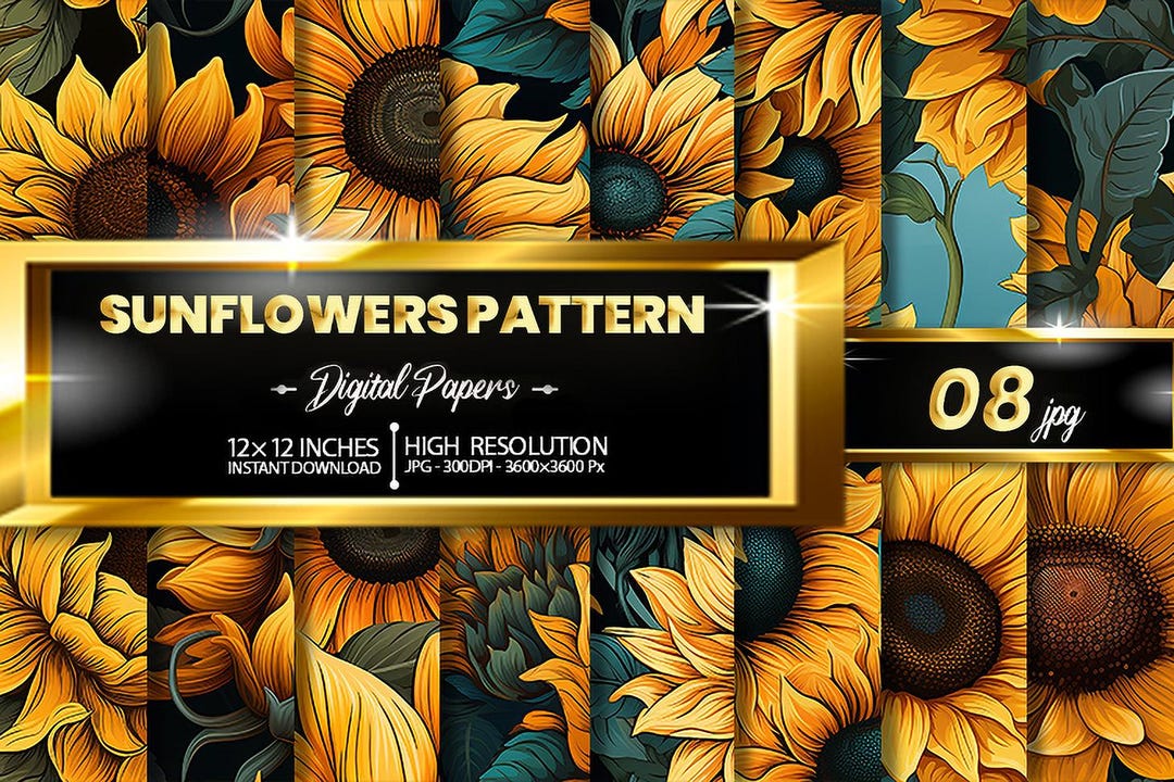 Sunflowers Pattern Digital Paper Pack, 8 JPG Sunflower Floral Patterns ...