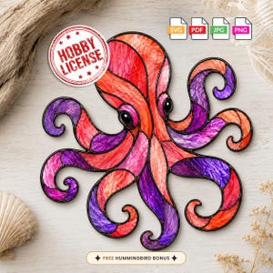 May include: A digital graphic of an octopus featuring a stained glass style with segments of red, orange, pink, and purple. The design includes a red circular stamp labeled HOBBY LICENSE and text at the bottom reading FREE HUMMINGBIRD BONUS.