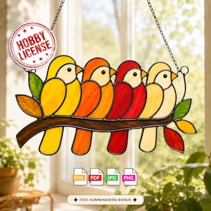Four Birds Stained Glass Pattern, Colorful Branch Suncatcher Template, Numbered SVG PDF PNG for Cricut Digital Download Code AB11
