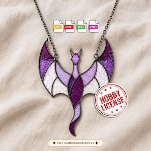 May include: A stained glass dragon ornament with purple and white segments held by a dark metal chain. Icons for SVG, PDF, JPG, and PNG are visible at the top. A red circular stamp reads HOBBY LICENSE and a bottom label says FREE HUMMINGBIRD BONUS.