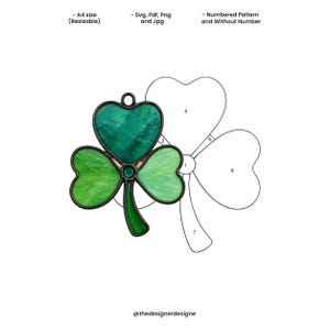 May include: A digital pattern for a three-leaf clover ornament, featuring a finished stained glass shamrock with dark metal borders and green textured glass, alongside a numbered line drawing template. Text includes A4 size, Svg, Pdf, Png, Jpg.