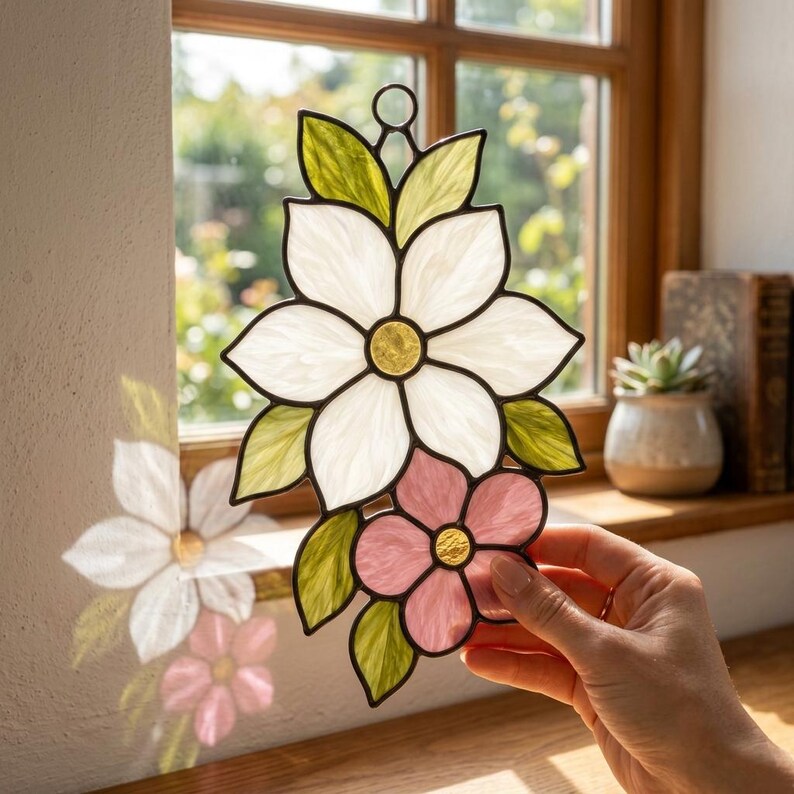 Floral Stained Glass Pattern SVG PDF PNG | White Pink Flower Suncatcher ...
