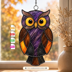 May include: A stained glass owl suncatcher featuring purple, brown, orange, and black glass segments with bright yellow eyes. The design includes a metal frame and a hanging loop. Text icons for SVG, PDF, JPG, and PNG files are visible on the left.