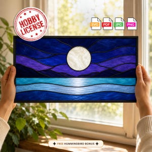 May include: A rectangular stained glass panel featuring a white circular moon centered above dark blue and purple wavy landscape layers, with light blue water ripples below. The design includes digital file icons labeled SVG, PDF, JPG, and PNG.