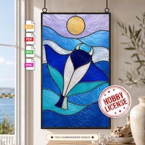 May include: A rectangular stained glass panel featuring a manta ray swimming through blue and turquoise water under a golden sun and a light purple sky. The design is framed in black metal and includes file format icons for SVG, PDF, JPG, and PNG.