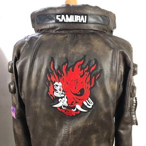 Blouson aviateur Cyber punk 2077 Samurai pour homme | Veste cosplay en cuir marron premium | Blouson en cuir pour jeu vidéo | Veste de costume cyber punk